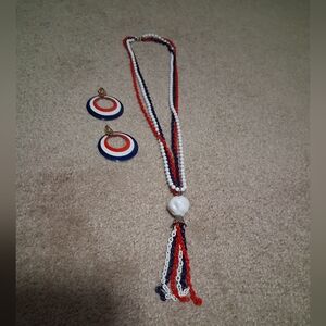 Vintage Multi-strand Necklace With Matching Metal  Clip-on Hoop Earrings